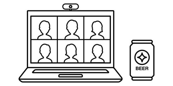 Online Drinken Partij Video Chat Computer Vector Illustratie Pictogram Materiaal — Stockvector