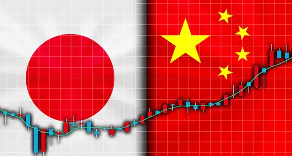 Japan China Widersprüchliche Flaggen Wirtschaftskrieg Kampf Hintergrundbild — Stockfoto