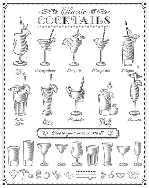 Illustrations Vectorielles Big Cocktails Avec Tous Les Cocktails Verres Ingrédients — Image vectorielle