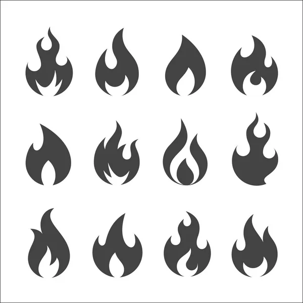 Set Twelve Flat Black Icons Flames Fire — Stock Vector