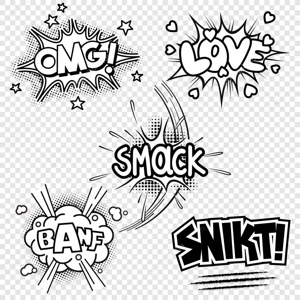Set of five black and white vector illustrations of comic sound effects