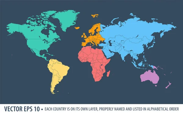 Mapa Politického Světa Země Každého Světadílu Zvýrazněny Jinou Barvou — Stockový vektor
