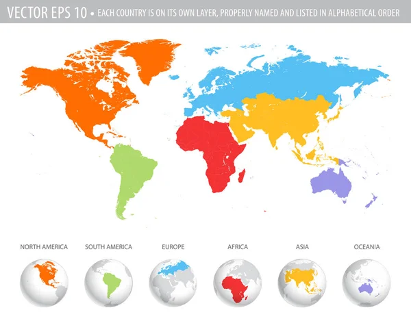Vektör renkli Dünya Haritası ile tüm kıtalarda farklı renk ve renk eşleme ile dünya küre.