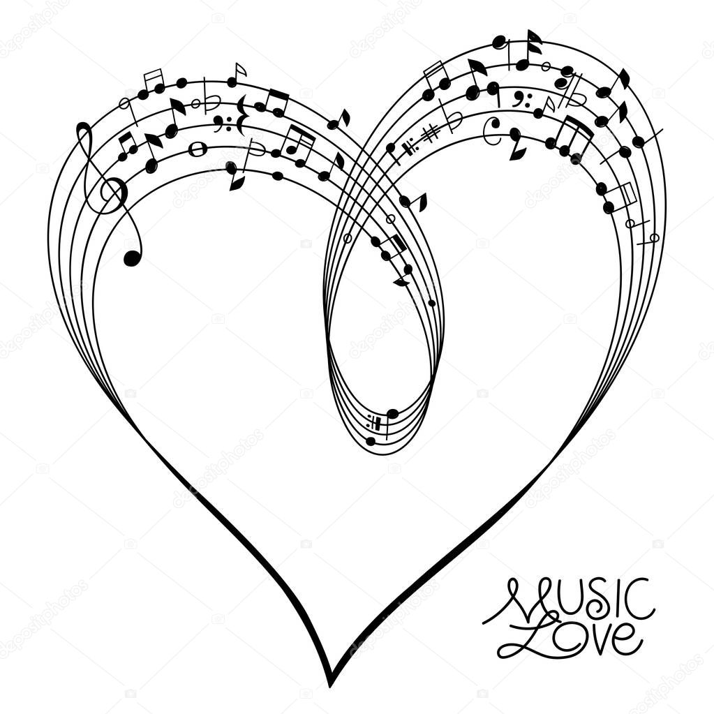 Musical Pentagram bended to create a Heart Shape on white Background, vector illustration