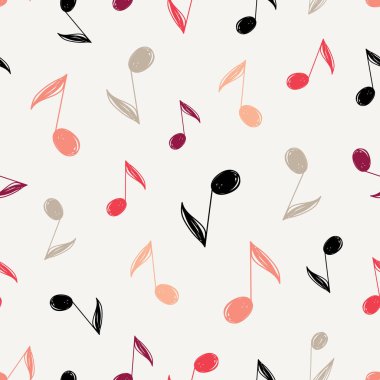 Vektör kesintisiz müzik desen beyaz bir arka plan üzerinde rasgele sıcak renk elle çizilmiş kroki müzik notaları ile