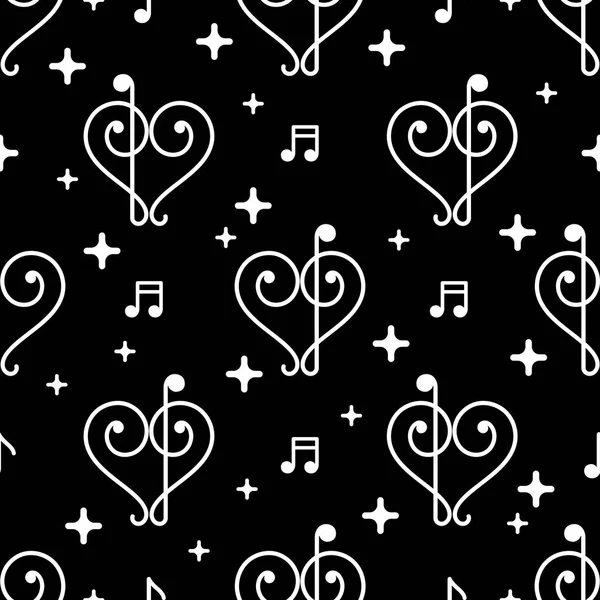 Vector Love Music Black Pattern with notes, stars and hearts formed by music clefs