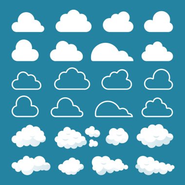 24 beyaz bulutlar büyük kümesi vecor resimlerde düz şekiller, özetlenen ve tarzı çizgi film