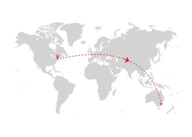 Dünya harita kırmızı uçağın rotası ile. Seyahat ve Turizm kavramı. Vektör çizim