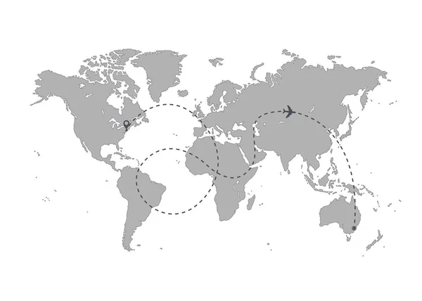Mapa Świata Trasy Caotic Samolotu Podróże Turystyka Pojęcie Trasie Samolotu — Wektor stockowy