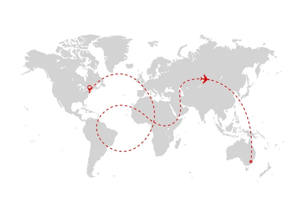 Mappa Del Mondo Con Rotta Aerea Caotica Rossa Concetto Viaggio — Vettoriale Stock