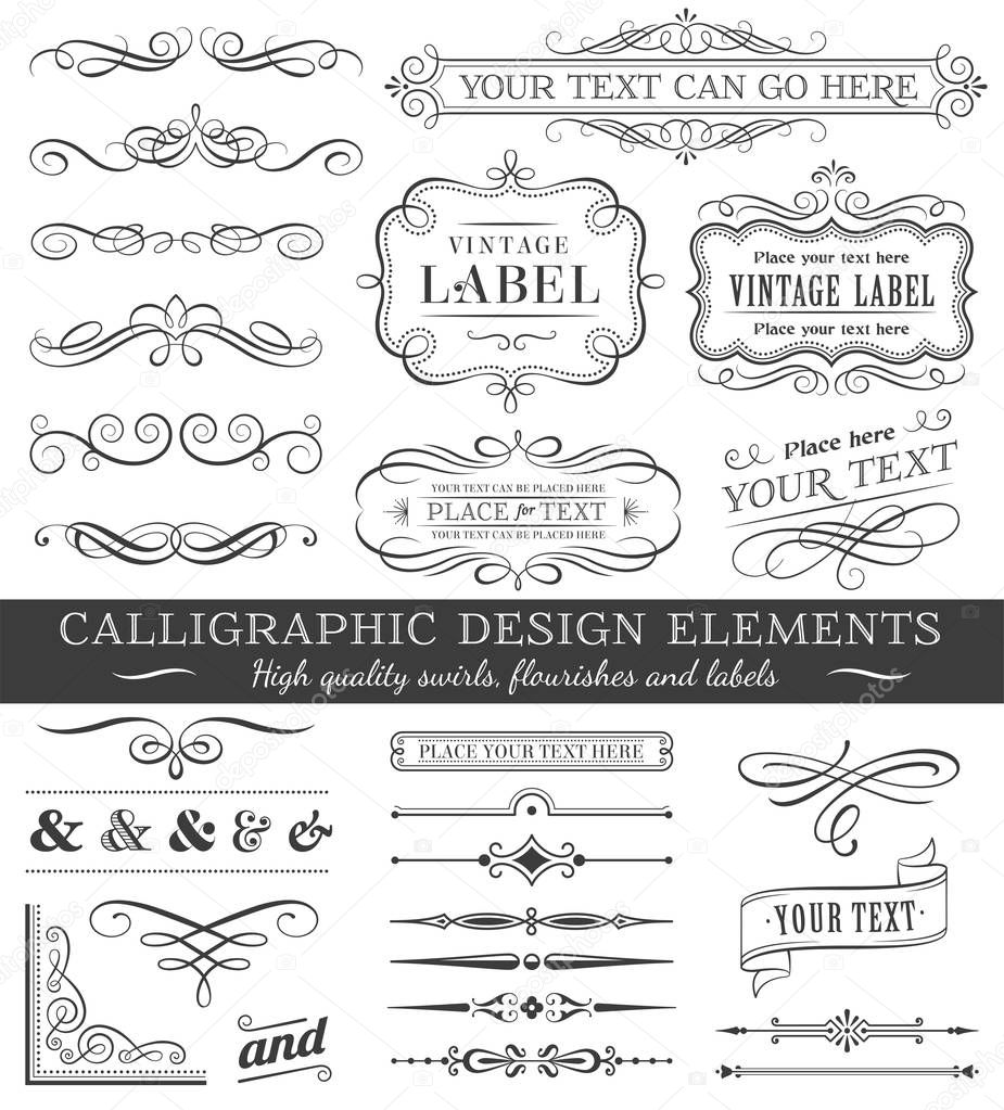 Huge set or collection of vector filigree flourishes for design, isolated on white background
