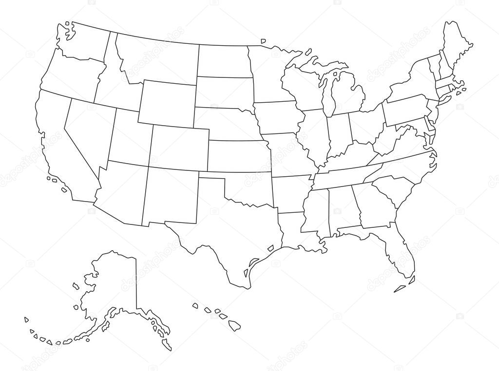 Vector Outlined map of The United States of America on white Background