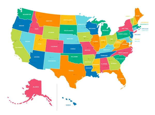 Cores Brilhantes Mapa Político Vetorial Completo Dos Estados Unidos América —  Vetores de Stock