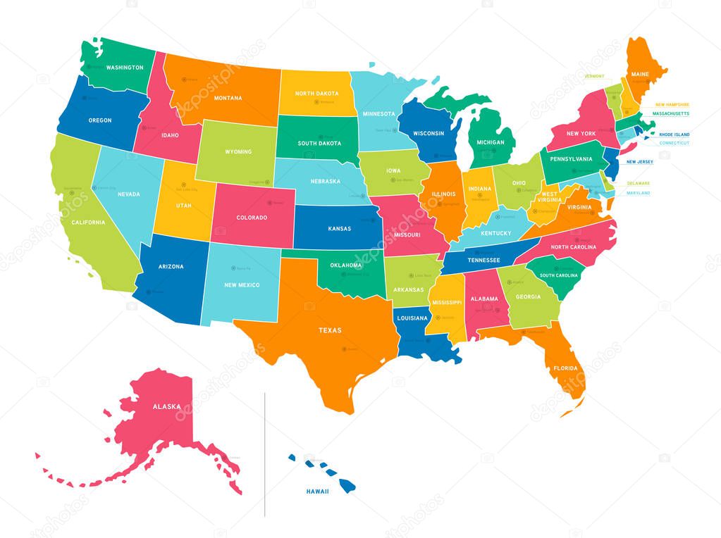 Bright Colors Full Vector Political Map of the United States of America, isolated on White Background