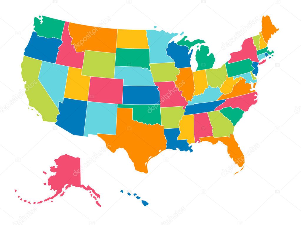 Simple Bright Colors Full Vector Political Map of the United States of America, isolated on White Background
