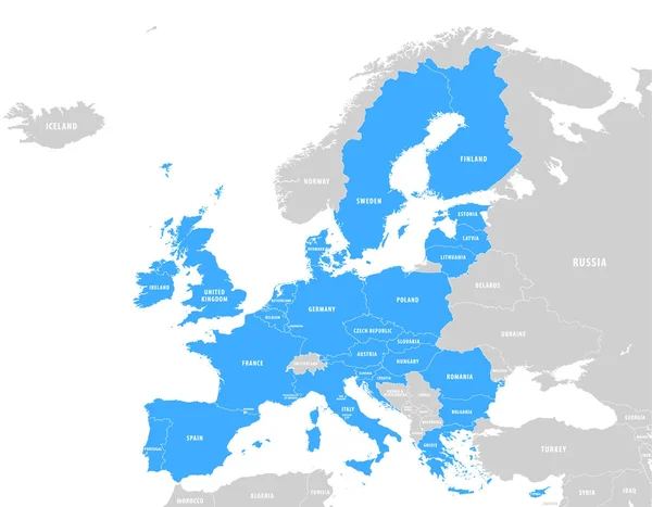 Vektor Modrá Mapa Evropské Unie Dalších Zemí Šedé Barvě Bílém — Stockový vektor