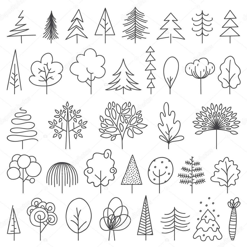 Set of green doodle sketch trees on white background