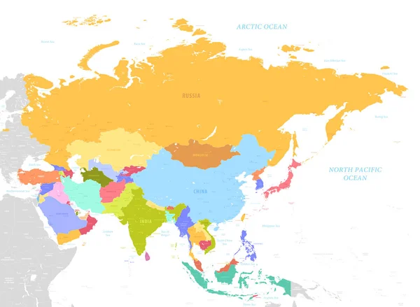 白い背景で隔離の都市の名前を持つカラフルなアジア地図 — ストックベクタ