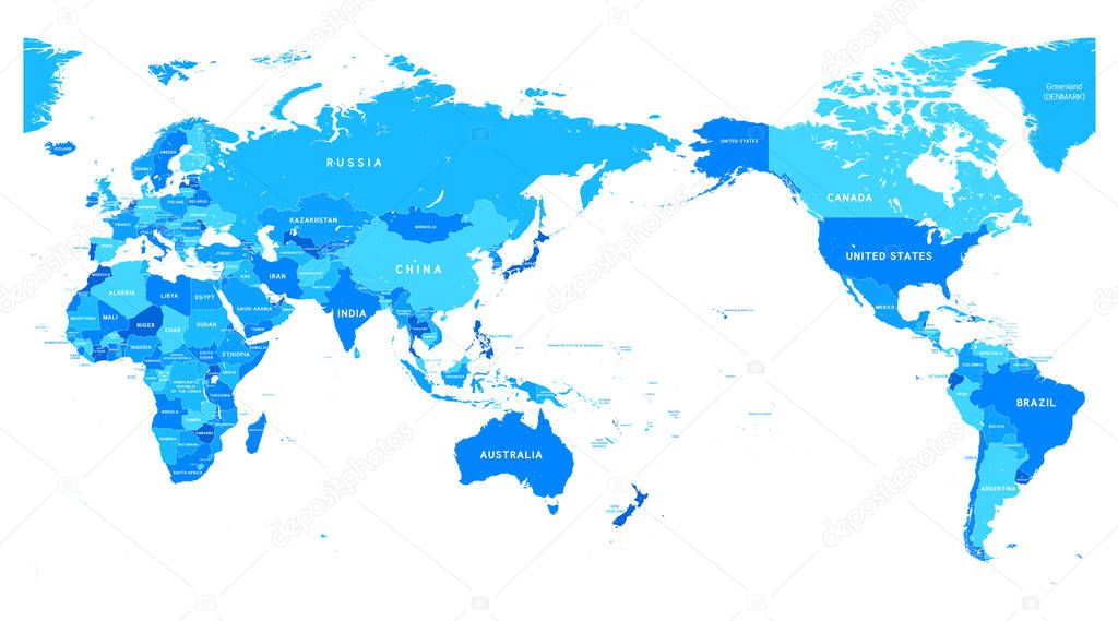 Political blue World Map Pacific Centered