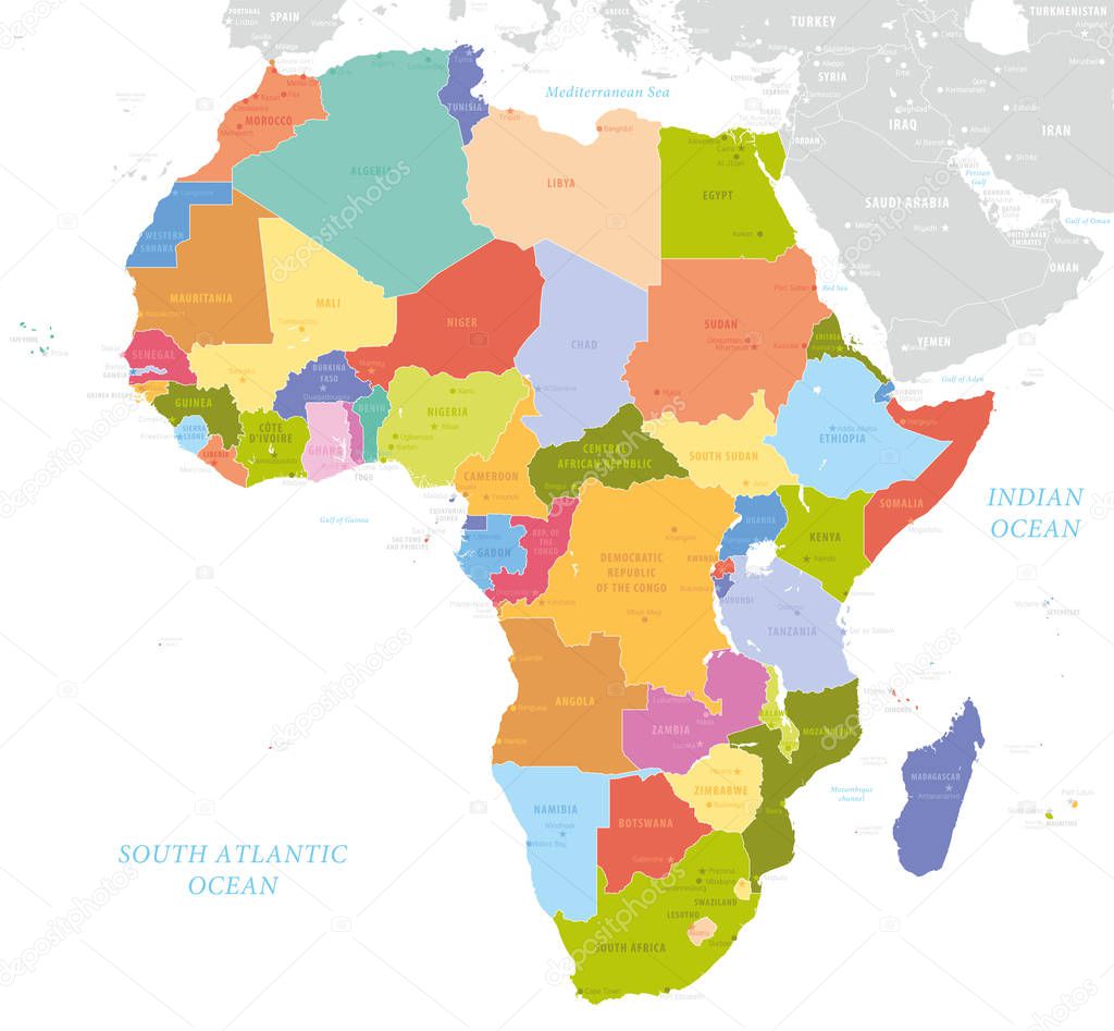 Africa single states political map. Each country with its own color area, Countries and cities in English names.