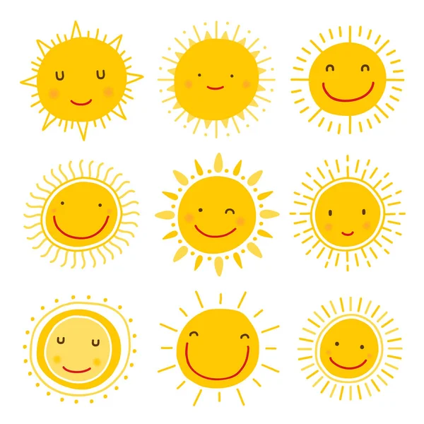 Cute Hand Drawn Sun Character Vector Collection — Stock Vector