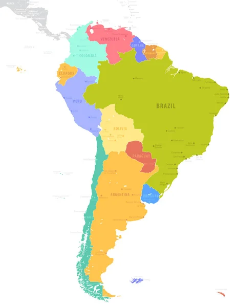 Ilustración Vectorial Mapa Político Sudamérica Aislado Sobre Fondo Blanco — Vector de stock