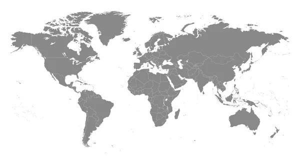 灰色の国と白の背景に白のボーダーの非常に詳細なベクトルの世界地図 高精細ベクトル図 — ストックベクタ