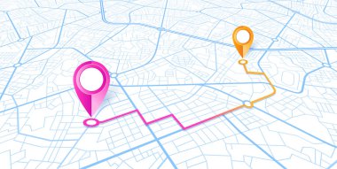 Beyaz zemin üzerine mavi yollar haritada mavi Gps navigator pimleri