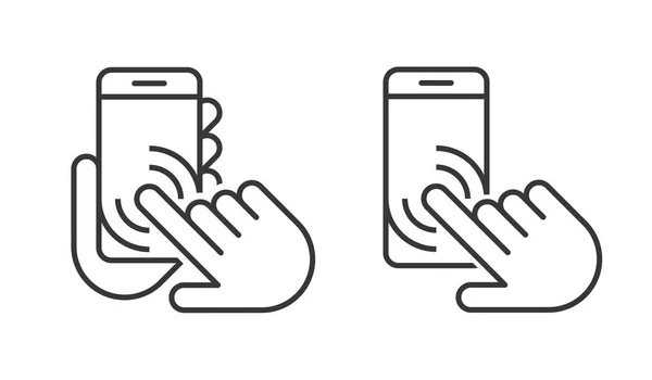 Mãos Segurando Usando Conjunto Ícones Smartphone Branco — Vetor de Stock