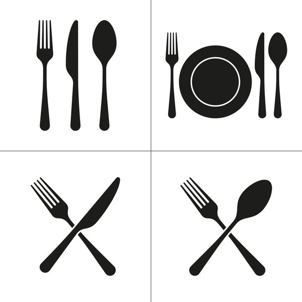 иконки столовых приборов с вилкой, ножом, ложкой, тарелкой

