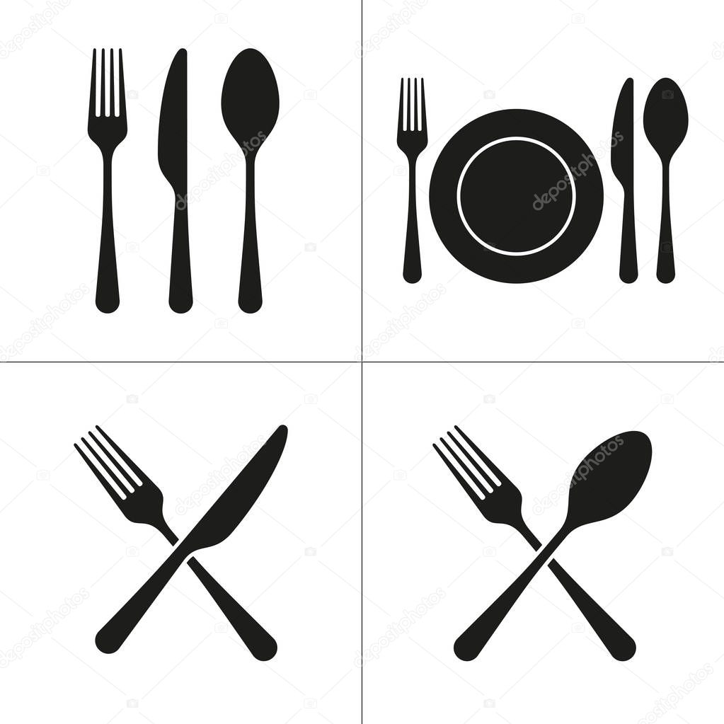 cutlery icons with fork, knife, spoon, plate