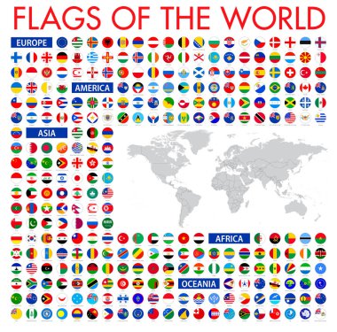 Dünya tüm resmi ulusal bayrakları. Dairesel tasarım. Vecto