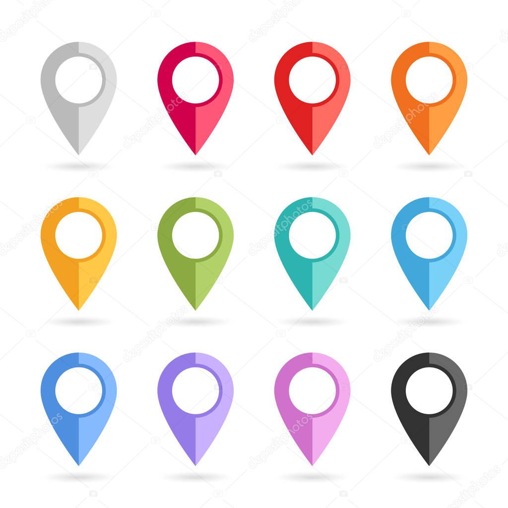 Vector illustration. Set of multi-colored map pointers. GPS loca