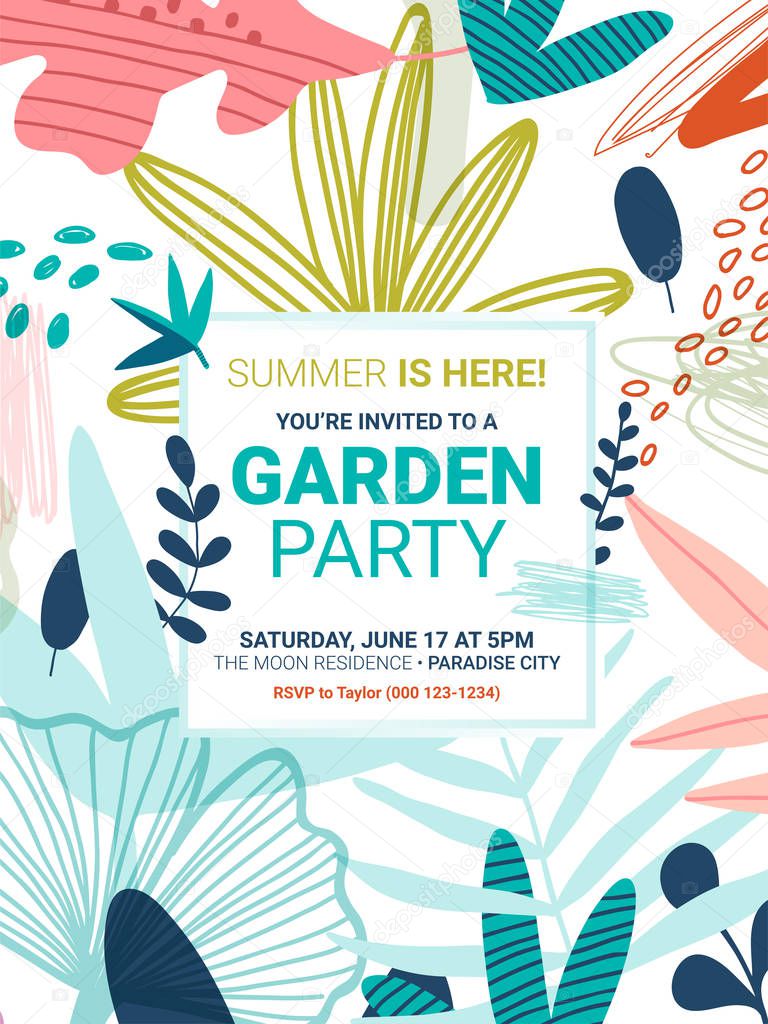 Summer party invite, flowers and leaves graphic set
