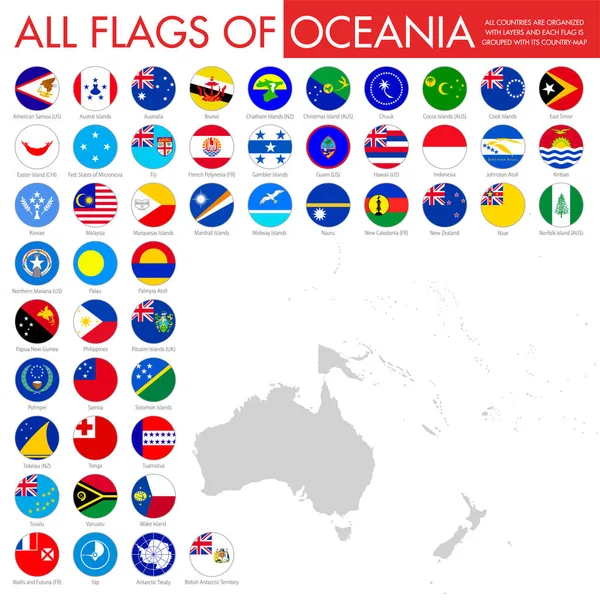 Oceania National Flag Buttons Set — Stock Vector
