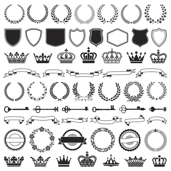 Vector set Heraldic symbols shields ribbons crowns — Stock Vector