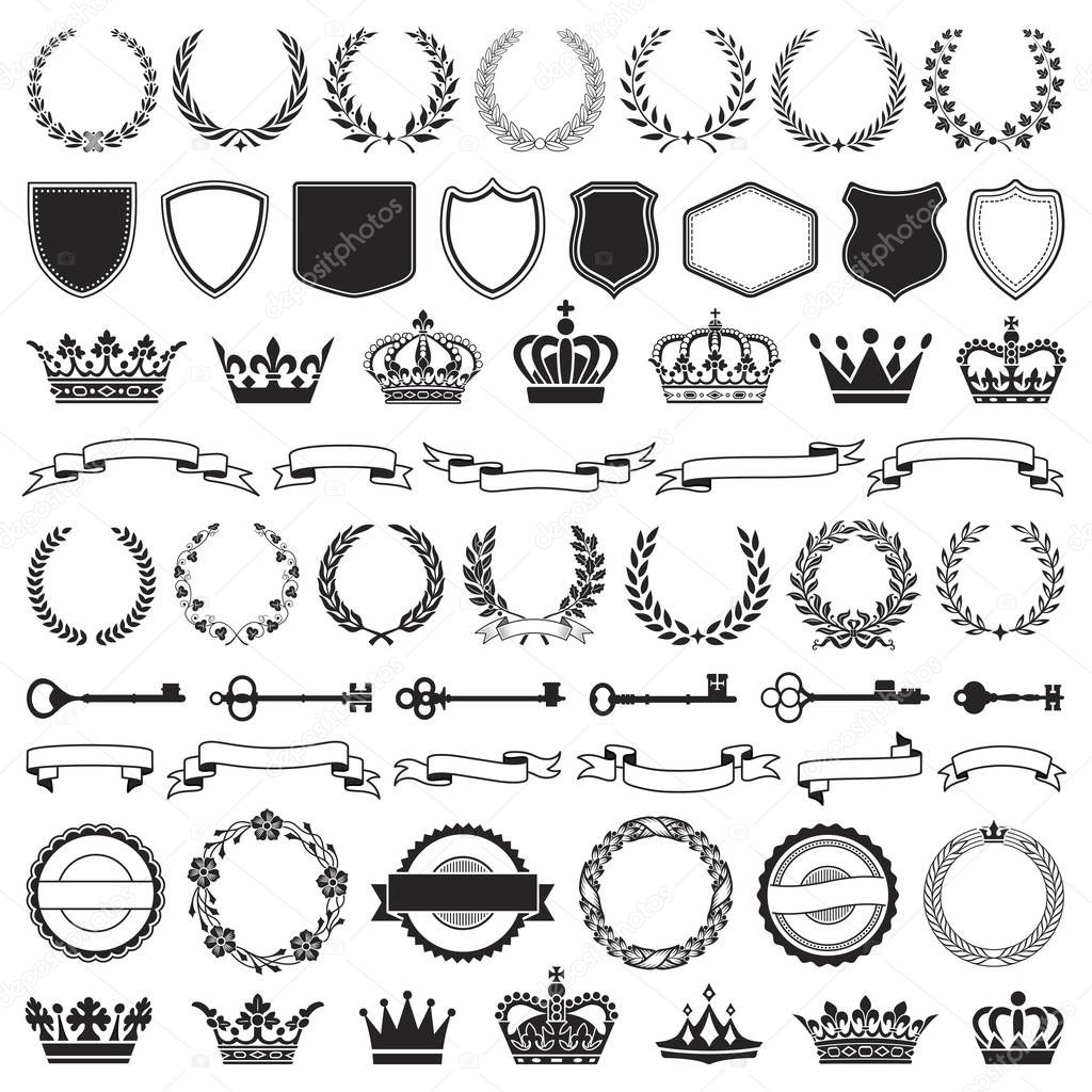 Vector set Heraldic symbols shields ribbons crowns