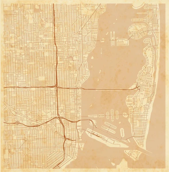 Векторная Карта Города Майами Винтажной Гранж Бумаге Хорошо Организованными Разделенными — стоковый вектор
