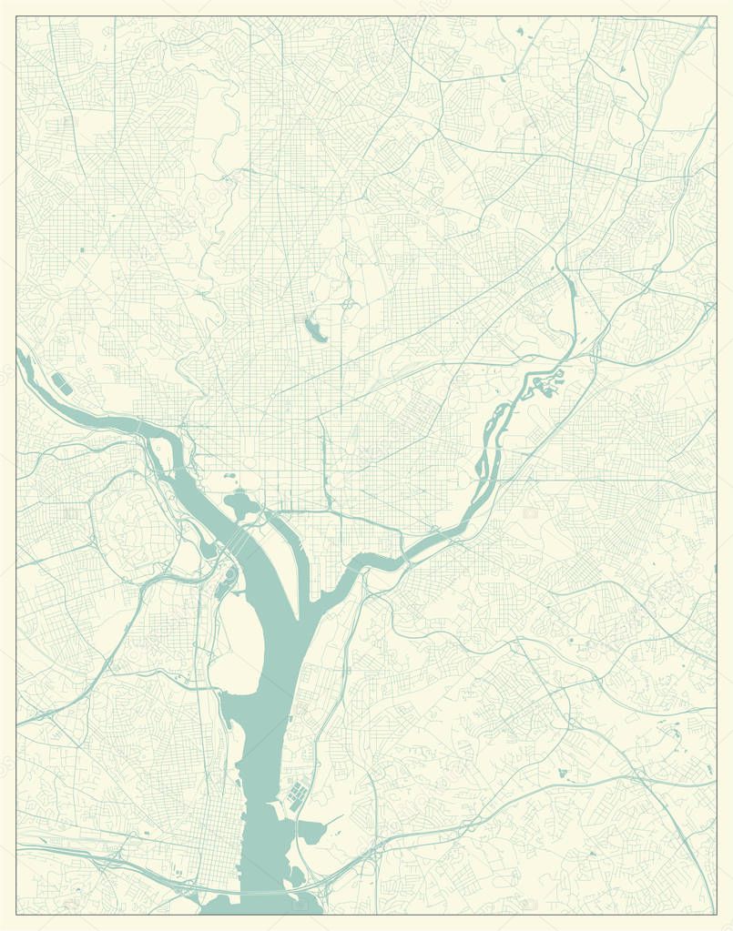 Washington DC, District of Columbia, US City Map in Retro Style.