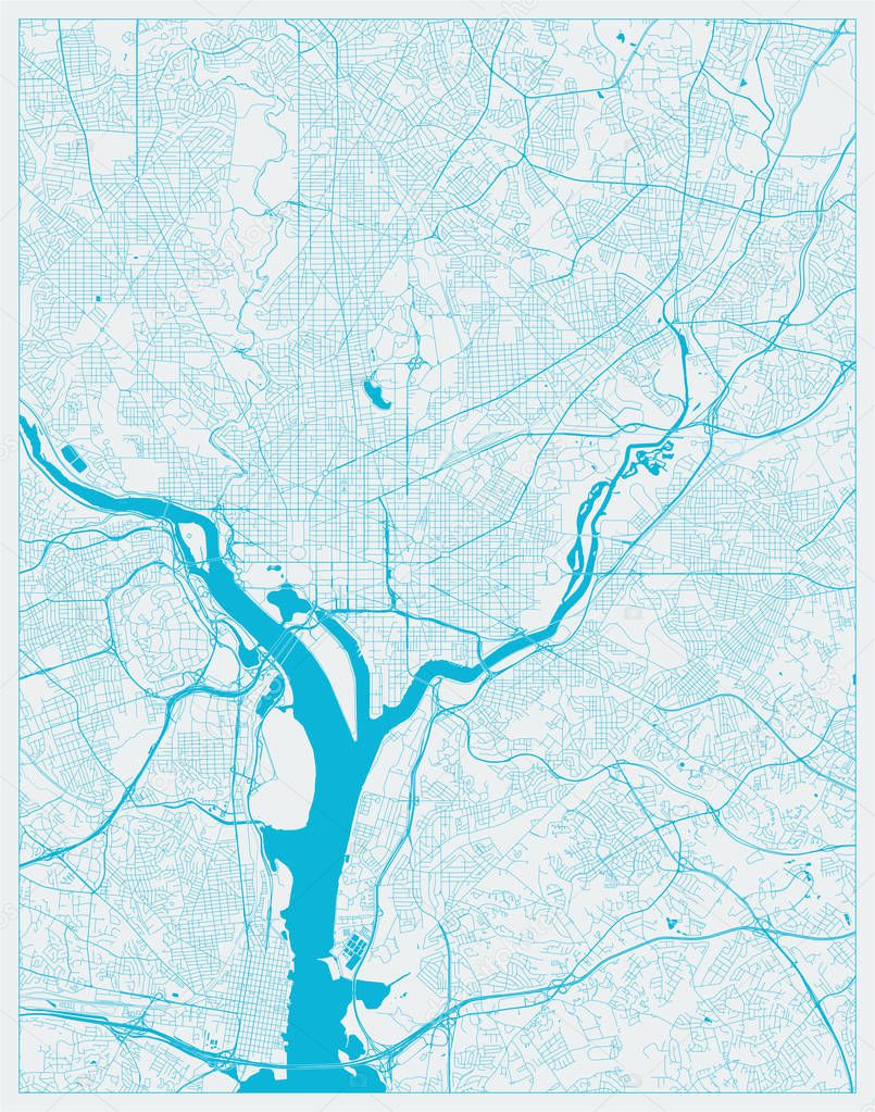 Washington DC, District of Columbia, US City Map in Blue colors.