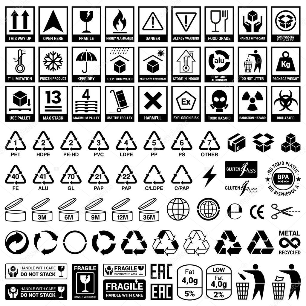 Set of icons for packaging and recycling. Vector elements. Ready
