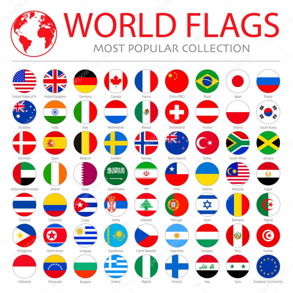 World flags vector collection. 63 high quality clean round icons