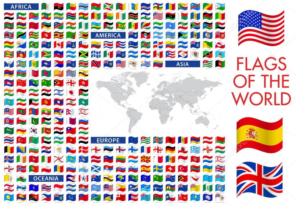 World flags vector icon illustrations with detailed world map