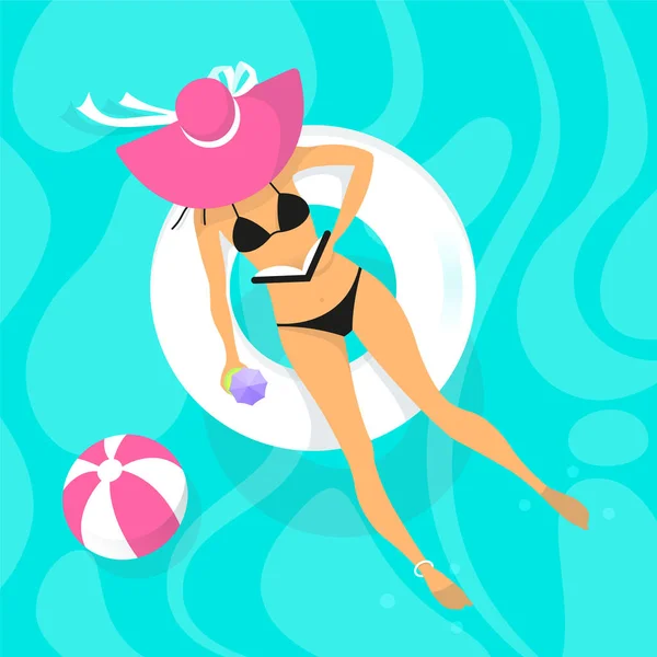 Swimming Pool Female Girl Broad Brim Hat Swim Ring Flat — Stock Vector