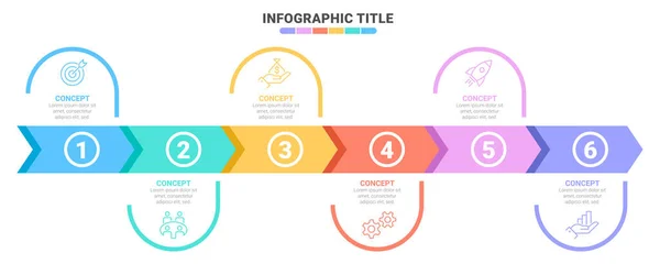 連続6ステップで矢印ビジネスモデルの概念 6つのカラフルな長方形の要素 パンフレット プレゼンテーションのタイムラインデザイン インフォグラフィックデザインレイアウト — ストックベクタ
