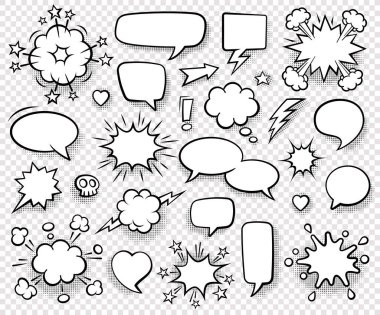 Yarım tonlu gölgeli boş komik konuşma baloncukları koleksiyonu. El çizimi eski çizgi film çıkartmaları. Pop sanat tarzı. Vektör illüstrasyonu