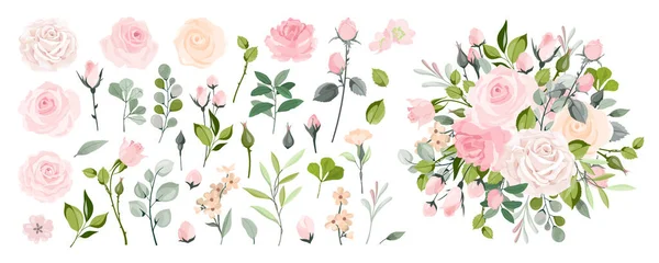 Set Floral Branch Flower Pink Rose Green Leaves Wedding Concept — Stock Vector