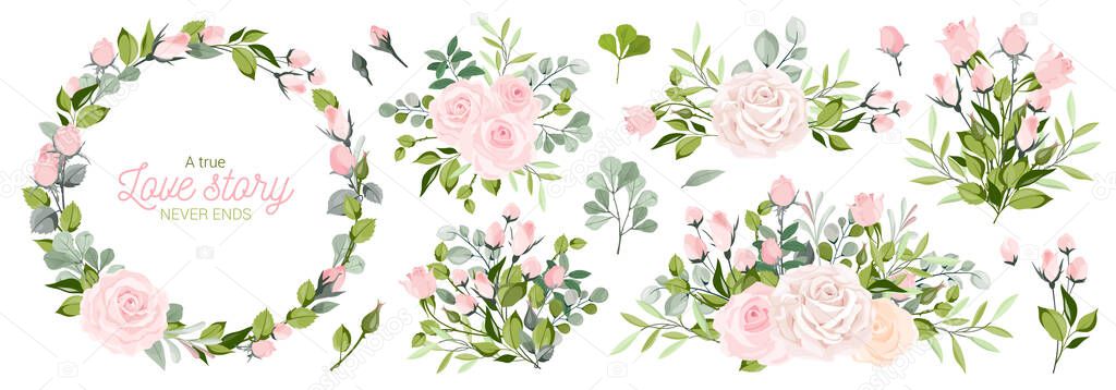 Vector. Wreaths. Botanical collection of wild and garden plants. Set: leaves, flowers, branches, pink roses,floral arrangements, natural elements