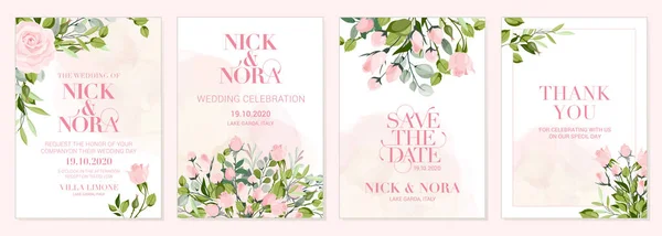 Bröllop Blommor Gyllene Inbjudningskort Spara Datum Design Med Rosa Blommor — Stock vektor