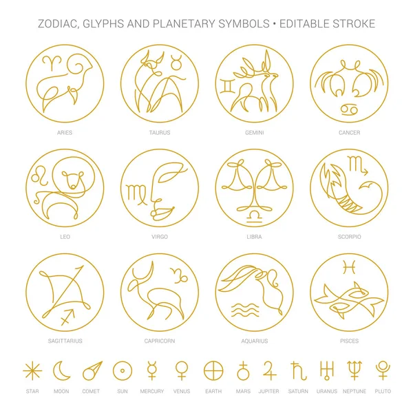 Zodiac Signs Constellations Ritual Astrology Horoscope Symbols Stars Planet Symbols — Stock Vector